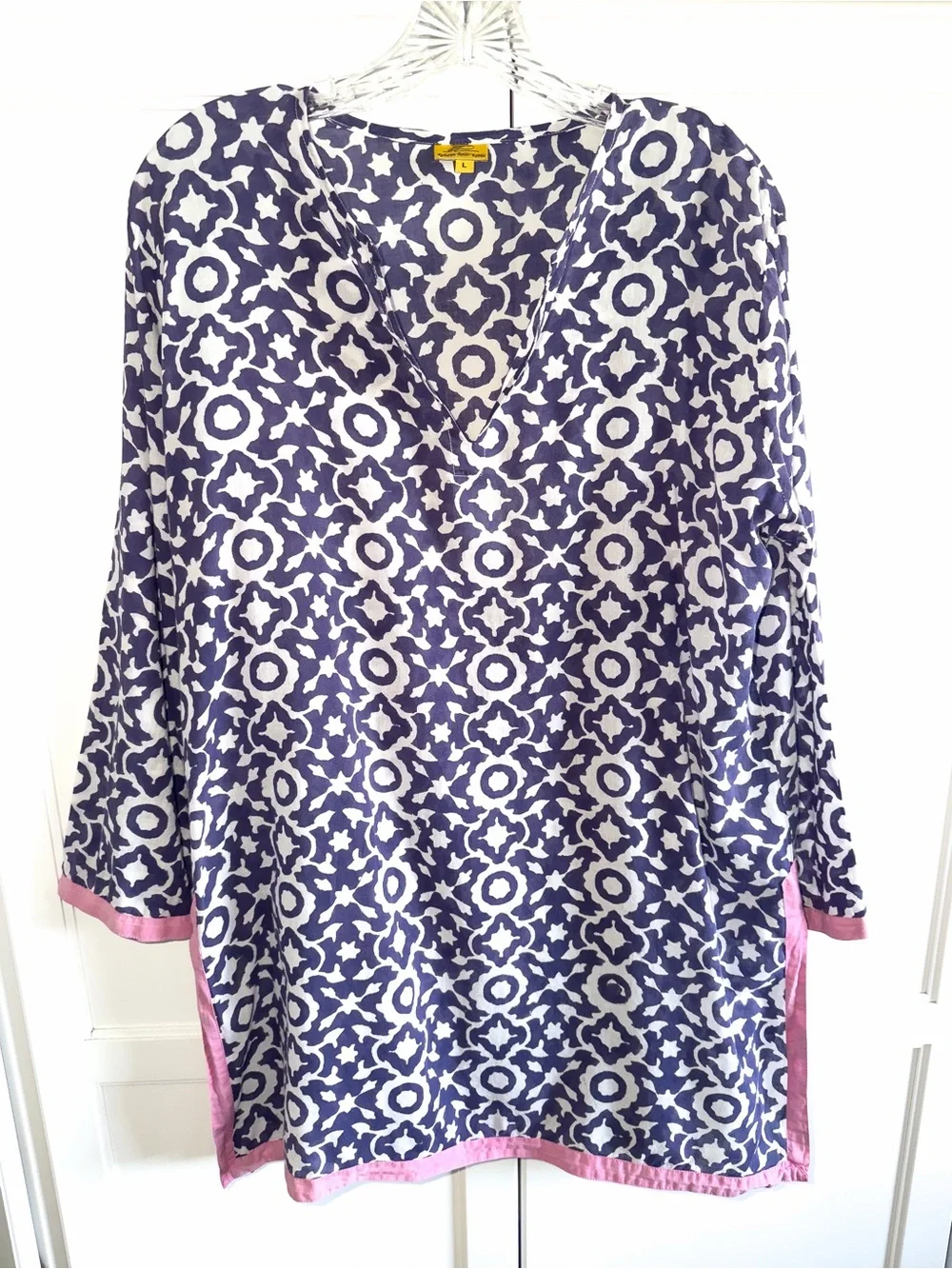Roller Rabbit Blue Geometric Swim Cover-Up Tunic with Pink Trim Large Pool Beach